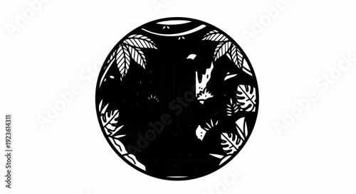 Circular jungle scene with cascading water and lush foliage