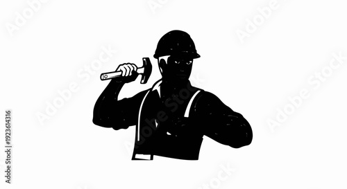 Black silhouette of a worker in a hard hat holding a hammer