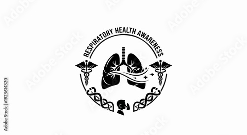 Circular graphic with lungs, caduceus symbols, and a person wearing a mask