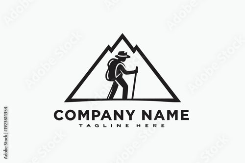 Monochrome logo displays hiker with a backpack and holding stick while wearing a hat