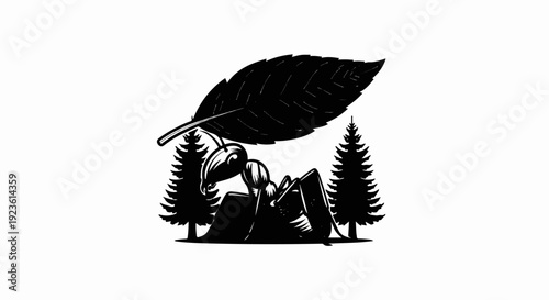 Black silhouette of an ant carrying a leaf between two pine trees