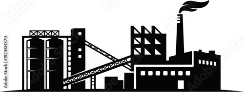 Black silhouette of an industrial factory with silos, smokestack, and conveyor