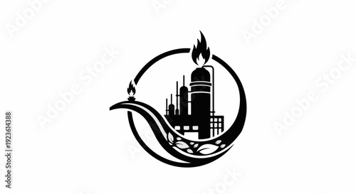 Black silhouette of an industrial facility with flames and leaves inside a circle