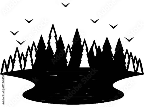 Black silhouette of trees and birds over reflective water