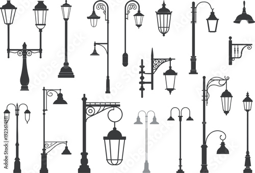 Collection of vintage and modern street lamp silhouettes on a white background lamp post