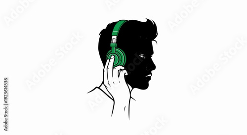 Black silhouette profile of a person wearing green headphones, listening intently