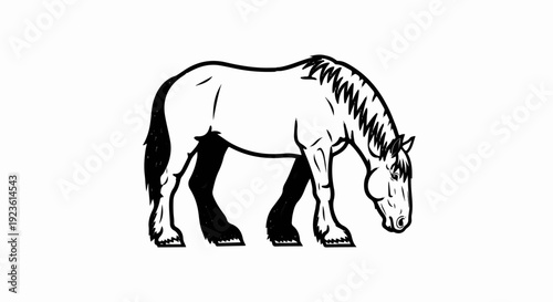 Black and white sketch of a draft horse grazing
