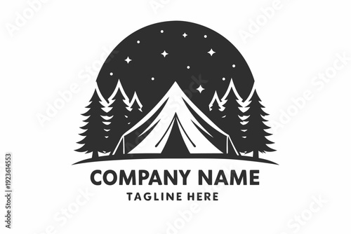 Monochrome logo featuring a tent beneath stars between pine trees conveying outdoor adventure