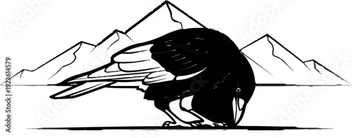Black and white sketch of a crow foraging in front of mountains