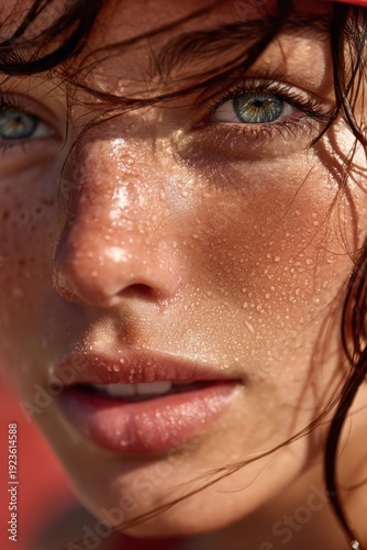 Natural Radiance: A Close-Up of Wet Skin and Intense Eyes generated by AI