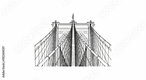 Black and white sketch of a large suspension bridge's central towers and cables