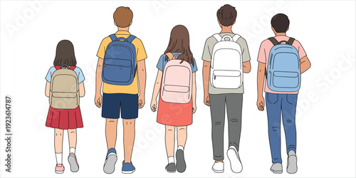 Diverse group of five children and teenagers with backpacks walking away from camera students school