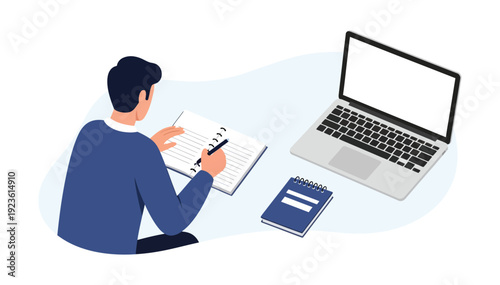 Man working on paperwork and using laptop for tasks and responsibilities effectively in a modern workspace setting comfortably