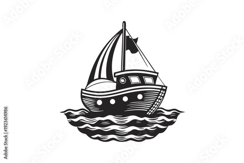 Monochrome sailboat cruises on ocean waves, its dark silhouette contrasting a pristine white background