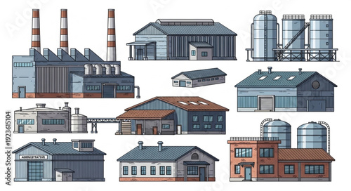 Various industrial buildings and structures, representing different types of factories and facilities.