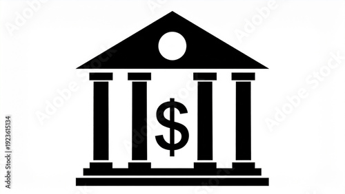 Bank Building with Dollar Sign – Black and White Finance Vector Icon