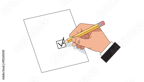 Hand holding pencil and checking box on a simple white document with a professional touch