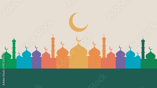 A vibrant silhouette of numerous mosques in a rainbow of bright colors, surmounted by a large crescent moon, is set against a subtle striped background.