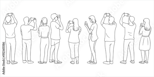 Diverse group of people standing and holding smartphones to take pictures Keywords: people, group, standing, holding, smartphone