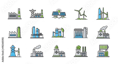 Various industrial buildings and structures representing different energy sources and production methods.