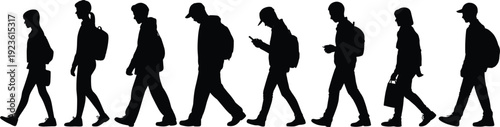 Diverse group of people walking in profile silhouettes on a white background vector illustration