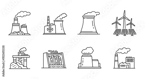 Various industrial buildings and power plants with different energy sources.