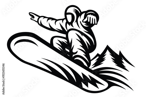 Monochrome shows snowboarder with outstretched arms over mountain range inside circle