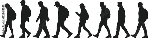Diverse group of people walking in silhouette against a white background Keywords: walking, people, silhouette, group, diverse