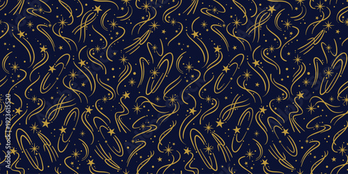 Vintage shooting star vector pattern background, blue and gold yellow seamless tile banner