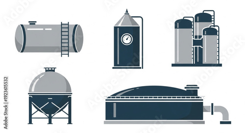 Various industrial storage tanks and containers for chemical and oil storage.