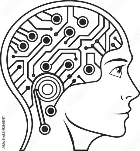 Cybernetic brain with integrated circuit pathways representing artificial intelligence concepts