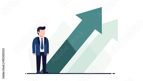 Businessman standing confidently next to ascending green arrow graph symbolizing growth and success in a professional setting effectively