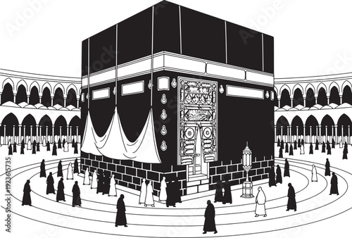 Kaaba Vector Illustration with Tawaf – Mecca Islamic Sacred Site