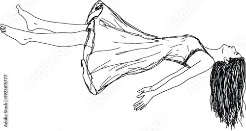 Hand drawn line art of a woman floating in air for concept of dreaming, mindfulness, mental health, and artistic freedom.