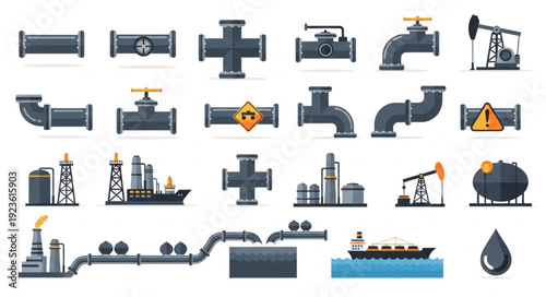 Various industrial pipeline components and oil extraction equipment illustrations.