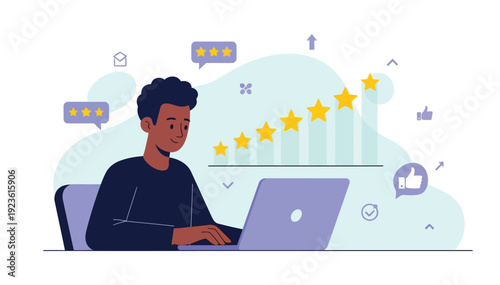 Man working on laptop with customer satisfaction indicators and positive feedback surrounding him in the workspace environment