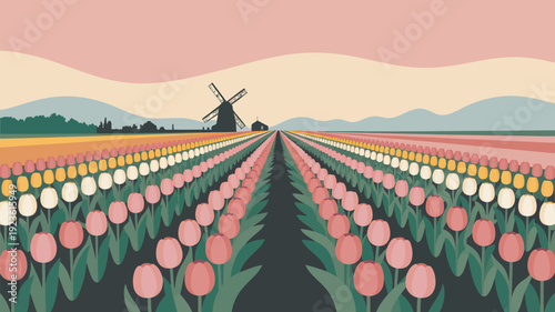A vibrant tulip field with a traditional windmill in the background under a serene sky