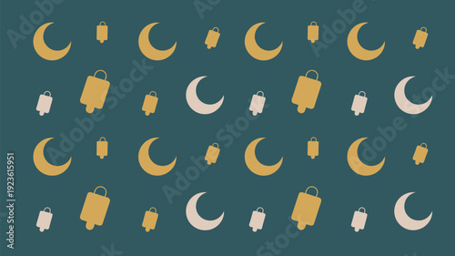 A seamless pattern featuring alternating golden crescent moons and lanterns on a dark teal background for Islamic themes.