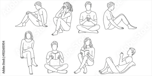Line Drawing Silhouettes of People Sitting and Reading on White Background Keywords: people, sitting, reading, line drawing