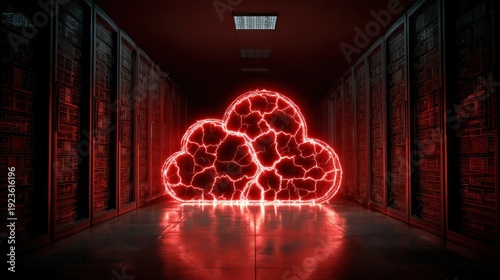 Futuristic Data Server Room with Neon Cloud Symbol Illustrating Data Connectivity and Cybersecurity Concepts in Vibrant Red Light