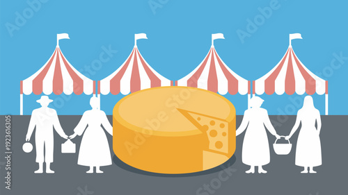 A large wheel of cheese sits in front of a festive fair scene with people and striped tents