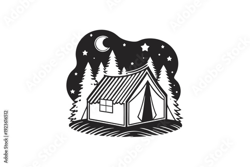 Monochrome tent stands amongst pine trees beneath a starlit, moonlit night sky