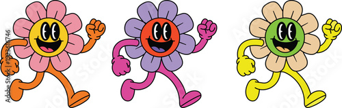Three colorful flower characters running with smiling faces
