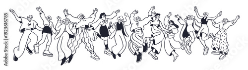 Jumping people. Happy crowd, excited joyful group jump up together. Outline drawing. Energetic men and women celebrating, cheerful characters. Flat vector illustration isolated on white background