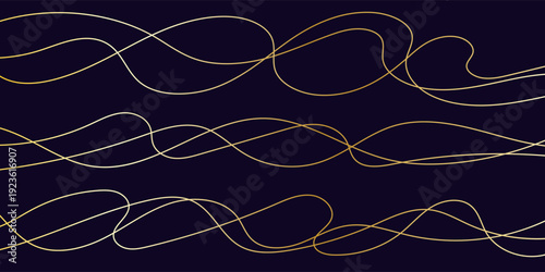 Thin golden squiggly lines. Wavy wiggle stripe decoration. Curvy thread or yarn lines for ornament, decor, separate, divider. Tangled squiggle linear doodle shapes. Vector