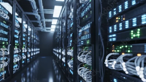 A vast, state-of-the-art data center unfolds, filled with towering racks of servers glowing in vivid turquoise and green.