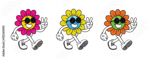 Colorful flower characters running together in a playful scene with smiling faces