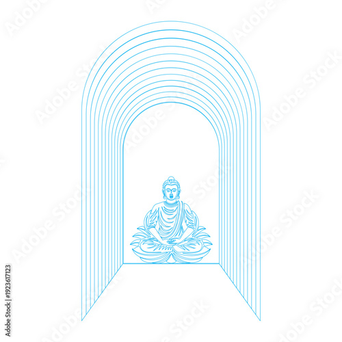 vector of a meditating Buddha statue in a lotus sitting position, placed inside a niche or arched passageway with a minimalist design.