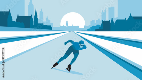 A speed skater in motion on an ice track with a city skyline in the background at sunset