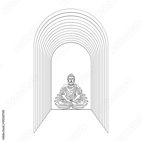 vector of a meditating Buddha statue in a lotus sitting position, placed inside a niche or arched passageway with a minimalist design.